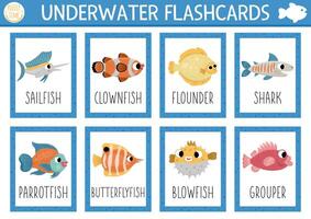 flash cards set with fishes. English language game with cute grouper, flounder, shark, clownfish for kids. Ocean life flashcards with water animals. Simple educational printable worksheet vector