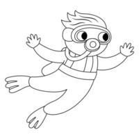 black and white diver icon. Under the sea line illustration with cute funny frogman. Ocean boy clipart with swimming kid. Cartoon underwater or marine coloring page for children vector
