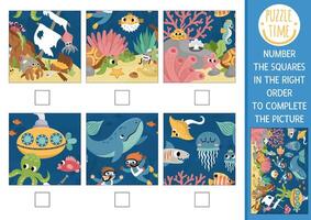 under the sea activity. Ocean life complete the picture logic game with underwater landscape. Fun printable worksheet for kids. Find right piece of puzzle. Number squares in right order vector