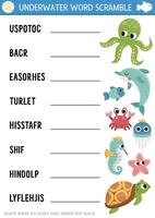 under the sea word scramble activity page. English language game with octopus, dolphin, turtle, seahorse for kids. Ocean life family quiz with starfish and fish. Educational printable worksheet vector