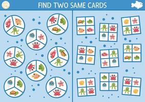 Find two same cards with water animals. Under the sea matching activity for children. Educational quiz worksheet for kids for attention skills. Simple ocean life printable game with starfish, fish vector