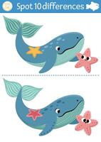 Find differences game for children. Under the sea educational activity with cute whale, starfish. Ocean life puzzle for kids with water animal character. Underwater printable worksheet or page vector