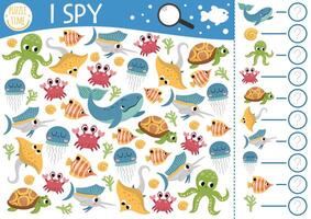 Under the sea I spy game for kids. Searching and counting activity with fish, whale, octopus, crab, turtle, jellyfish. Ocean life printable worksheet for children. Simple water spotting puzzle vector