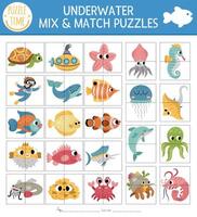 big set of under the sea mix and match puzzle with cute characters. Matching ocean life activity for preschool kids. Educational printable game with turtle, submarine, diver, dolphin, seaweeds vector