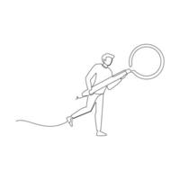 Continuous line drawing businessman searching data using huge magnifying glass. Business data search and analysis for a solution illustration and concept. vector