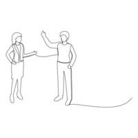 Businessman and businesswoman having a business discussion. Effective communication in business concept. Simple continuous line drawing illustration vector