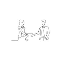 Businessman and businesswoman who holds a tab having a business discussion. Effective communication in business concept. Simple continuous line drawing illustration vector