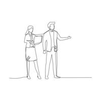 Simple continuous line drawing illustration businessman and businesswoman having a business discussion. Effective communication in business concept. vector