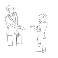 Businessman and businesswoman shaking hands. Effective communication in business concept. Simple continuous line drawing illustration vector