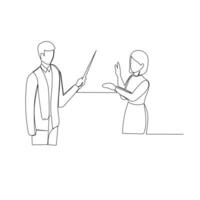 Businessman presenting to a businesswoman using a stick pointer. Effective communication in business concept. Simple continuous line drawing illustration vector