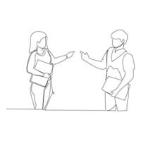 Businessman and businesswoman having conversation. Effective communication in business concept. Simple continuous line drawing illustration vector