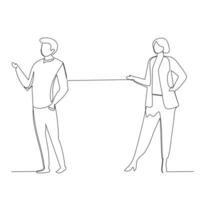 Businessman and businesswoman having a business conversation. Effective communication in business concept. Simple continuous line drawing illustration vector