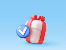 3D gift box with blue checkmark isolated. Render giftbox with check mark icon. Confirmation, right choice concept. Approved delivery. Agreement, approval or trust symbol. vector