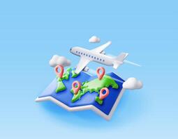 3D airplane in clouds and paper map. Render world travelling by plane. World map with location pin. Time to travel concept, holiday planning. Tourist worldwide transportation vector