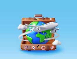 3d vintage travel bag, globe and airplane. Render classic leather suitcase and planet earth. Travel element. Holiday or vacation. Transportation, trip concept vector