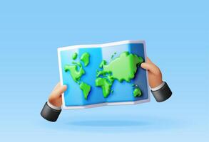 3D cartoon folded world map in hand isolated. Render world map silhouette. Planet icon. Cartography and geography. Earth day, Holiday and travel, GPS location navigation service. vector