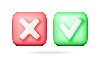 3D right and wrong button shape. Green Yes and red no correct incorrect sign. Checkmark tick Rejection, cancel, error, stop, negative, agreement approval or trust symbol. vector