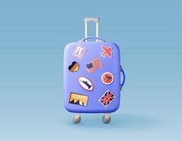 3D blue travel suitcase with stickers isolated. Render plastic bag. Travel or journey concept. Plastic case. trolley on wheels. Travel baggage and luggage. vector