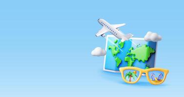 3D airplane in clouds, sunglasses and paper map. Render world travelling by plane. World map with location pin. Time to travel, holiday planning. Tourist worldwide transportation vector