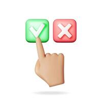 3D right and wrong button shape and hand. Green yes and red no correct incorrect sign. Checkmark tick rejection, cancel, error, stop, negative, agreement approval or trust symbol. vector