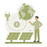 Save the earth concept. Man use solar panels to make electricity, green energy vector