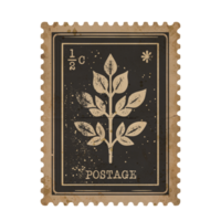 Retro Leafy Branch Postage Stamp Design in Monochrome with Grunge Details. Time-Worn Elegance for Scrapbooking png