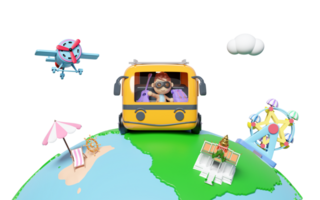 Tourist buses run around the world with boy, plane, luggage, guitar, measure, ferris wheel, island isolated. travel around the world concept, 3d render illustration png