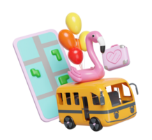 3d mobiel telefoon of smartphone met bus, kaart, bagage, ballonnen, flamingo, boom geïsoleerd. kaart aarde reizen concept, 3d geven illustratie png