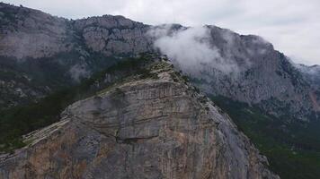 roccia shaan-kaya con puro muri e coperto di vegetazione con conifero foresta, Crimea video