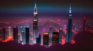 Animated fantasy city skyline that comes alive at night with towering skyscrapers and city lights. It showcases bustling cityscapes and stunning architecture. video