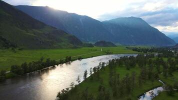 aereo. verde chulyshman valle con un' fiume, montagne e un' strada video