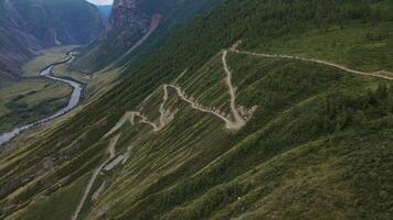 Aerial view of the Katuyaryk pass. Mountain road with a steep serpentine video