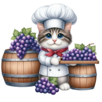 aigenerado gato en cocinero sombrero y un barril de uvas png