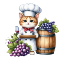 aigenerado gato en cocinero sombrero y un barril de uvas png