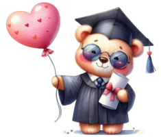 aigenerado oso vistiendo un graduación gorra y vestido participación un corazón conformado globo png