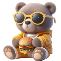 gegenereerd beer vervelend zonnebril en een hoed Holding een hamburger png