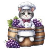 aigenerado gato en cocinero sombrero y un barril de uvas png