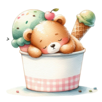 AIgenerated bear sleeping in a bucket with ice cream png