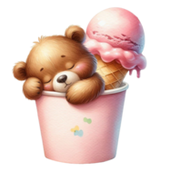 AIgenerated bear sleeping in a bucket with ice cream png