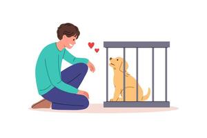 Man wants to adopt dog from shelter and become guardian for pet, standing near smiling puppy in cage vector