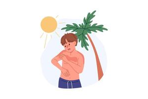 Boy received sunburn due to ultraviolet allergy or heliophobia, standing on beach with palm tree vector