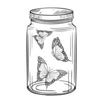 Butterflies in a glass Jar. illustration of caught insects with linear wings in a bottle. Drawing of flying moth painted by black inks in outline style on isolated background. Monochrome etch vector