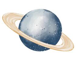 Planet with ring in a Space watercolor illustration. Drawing of Saturn in pastel colors for Baby shower greeting cards or childish birthday invitations. Sketch of galaxy on isolated background vector