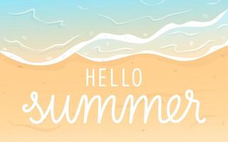 Hello summer banner. Top view on beach, sand and waves. Horizontal design for banner poster or greeting card vector