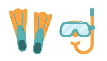 Flippers with snorkel and mask for diving. Flat isolated illustration vector