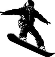 negro silueta de un snowboarder sin antecedentes vector