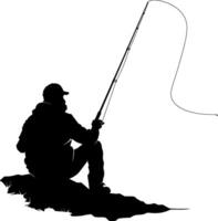 black silhouette of a fisherman without background vector