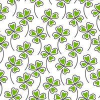 Line art clover four green leaf seamless pattern isolated on white background. St. Patrick day symbol vector
