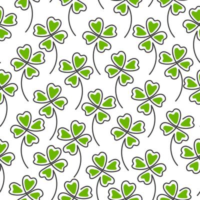 Line art clover four green leaf seamless pattern isolated on white background. St. Patrick day symbol