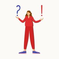 Modern woman in bright clothes and long hair. Question and exclamation marks. Young thinking man, girl. Problem and solution concept. Question and answer. Dilemma and understanding. vector